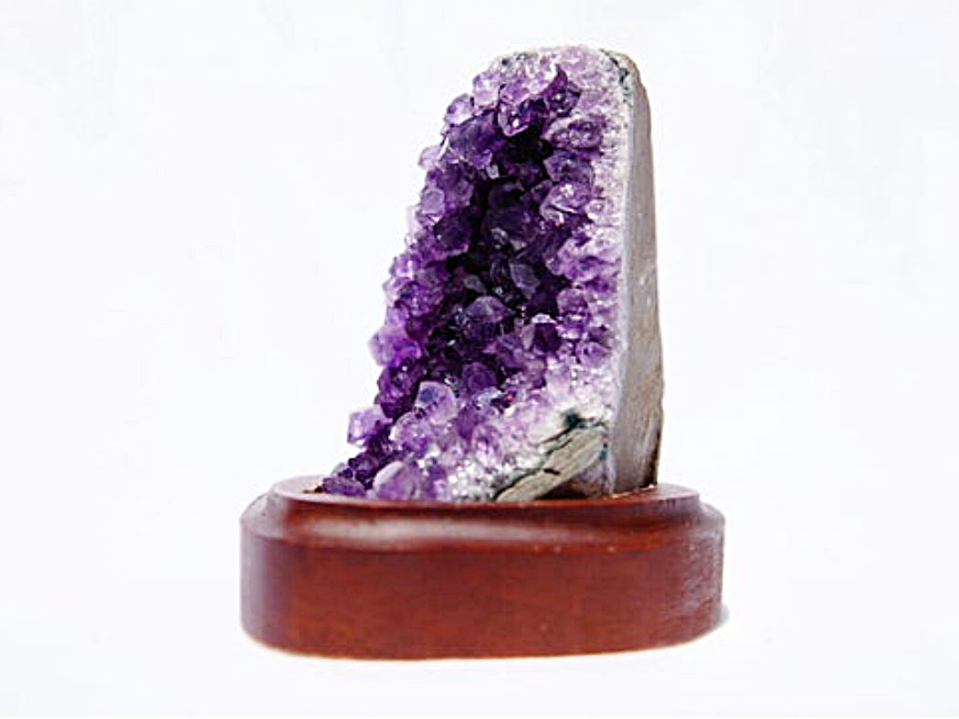 Dark Purple Raw Amethyst Cluster Geode on Wood Stand