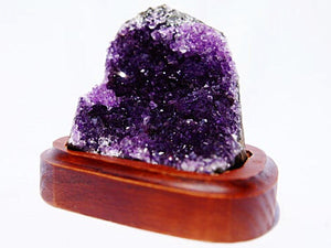 Dark Purple Raw Amethyst Cluster Geode on Wood Stand
