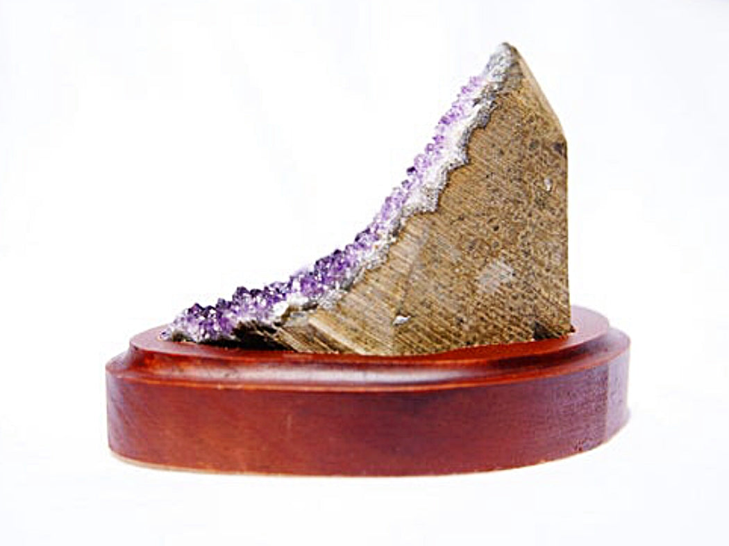 Dark Purple Raw Amethyst Cluster Geode on Wood Stand
