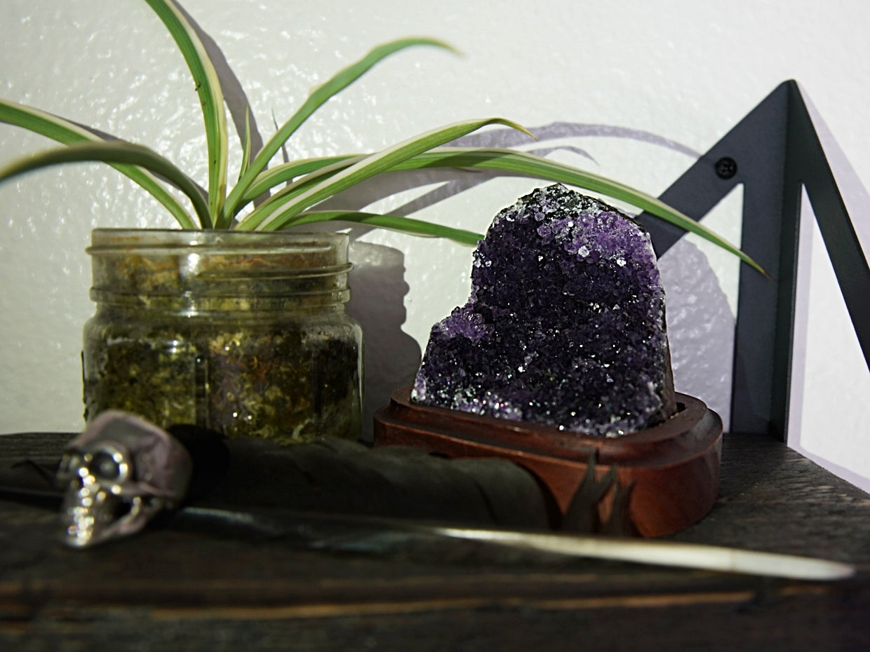 Dark Purple Raw Amethyst Cluster Geode on Wood Stand