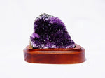 Dark Purple Raw Amethyst Cluster Geode on Wood Stand