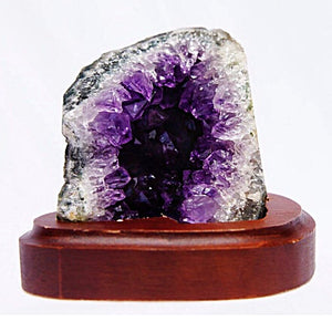 Rare Deep Purple Raw Amethyst Cluster Geode on Wood Stand