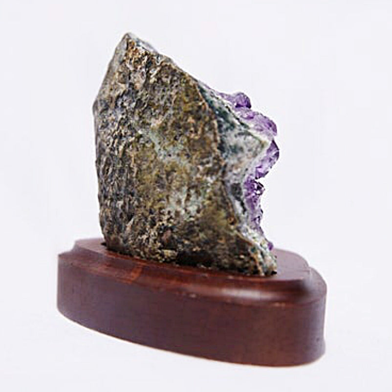 Rare Deep Purple Raw Amethyst Cluster Geode on Wood Stand