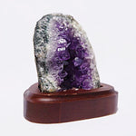 Rare Deep Purple Raw Amethyst Cluster Geode on Wood Stand