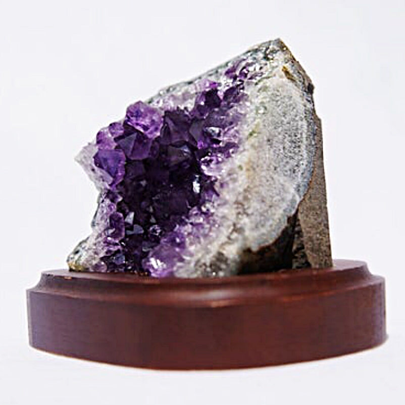 Rare Deep Purple Raw Amethyst Cluster Geode on Wood Stand