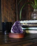 Dark Purple Raw Amethyst Cluster Geode on Wood Stand