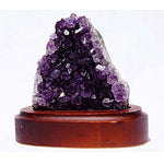 Dark Purple Raw Amethyst Cluster Geode on Wood Stand