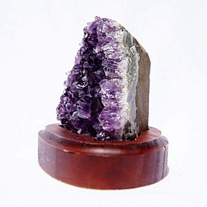 Dark Purple Raw Amethyst Cluster Geode on Wood Stand