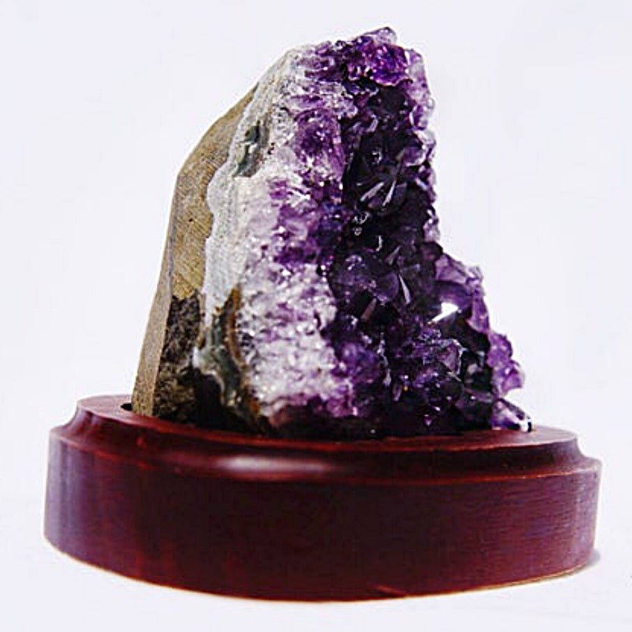 Dark Purple Raw Amethyst Cluster Geode on Wood Stand