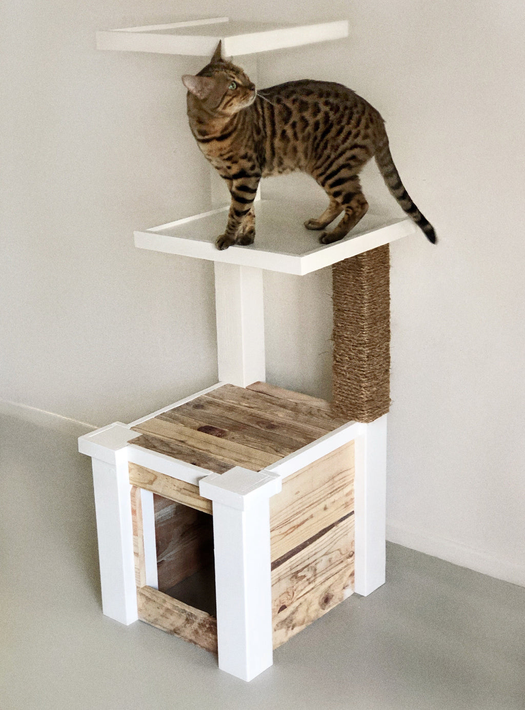 Large Solid Wood Multi Level Cat Tower with Hide-away and Scratching Post